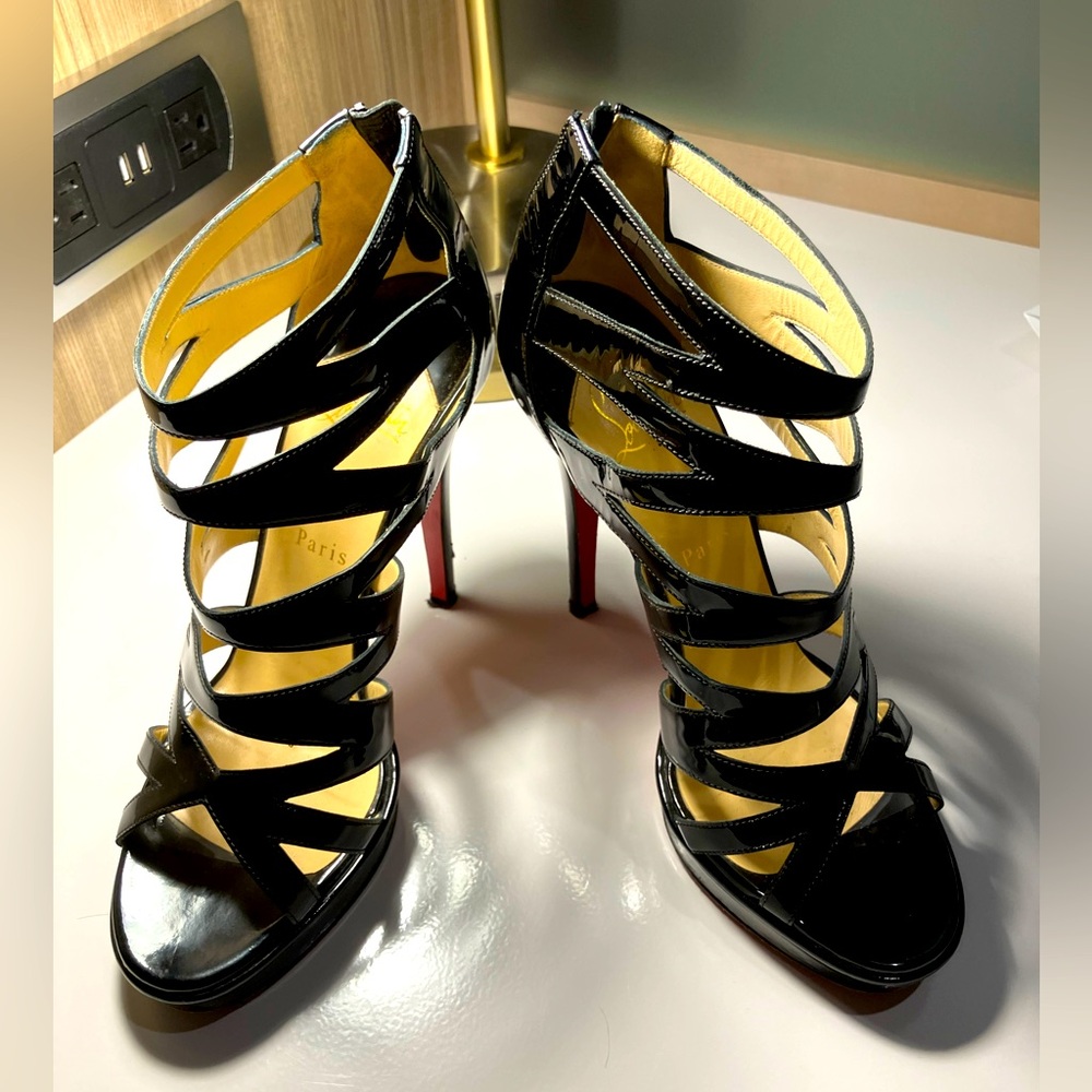 Christian Louboutin black patent leather strappy 4 1/2” stilettos
